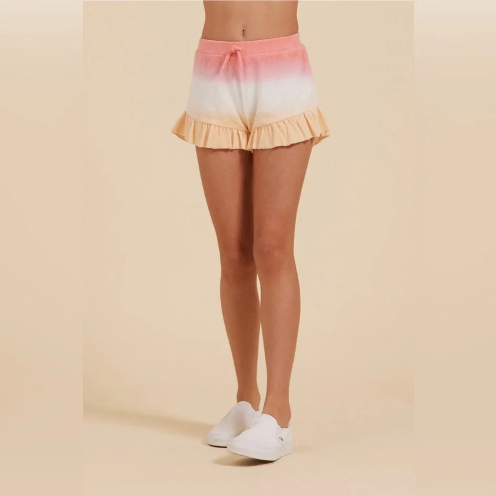 VINTAGE HAVANA PINK/WHITE/ORANGE TIE DYE TERRY CLOTH ELASTIC WAIST RUFFLE SHORT